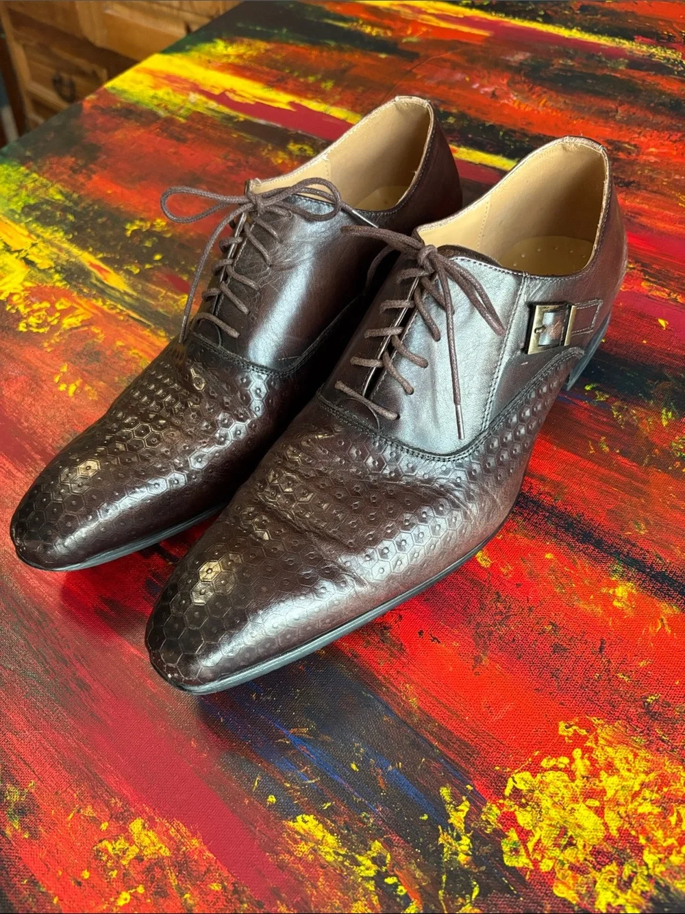 Felix Chu Men's Brown Leather Lace-Up Geometric Hexagon Embossed Oxfords F87-76